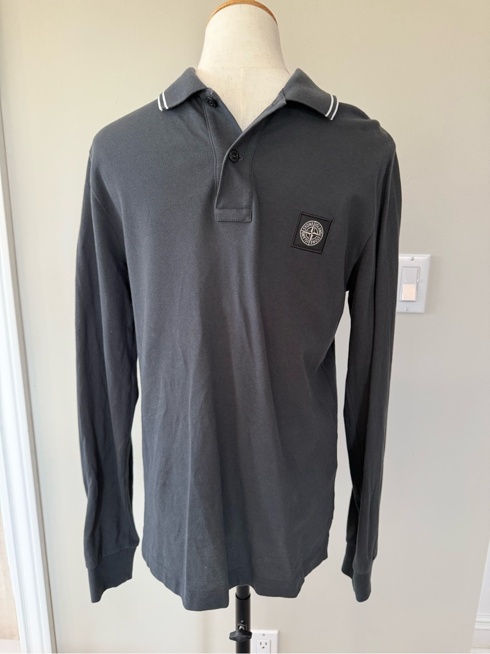 Stone Island Polo Shirt - Charcoal Gray with White Trim - Size Medium/Slim Fit